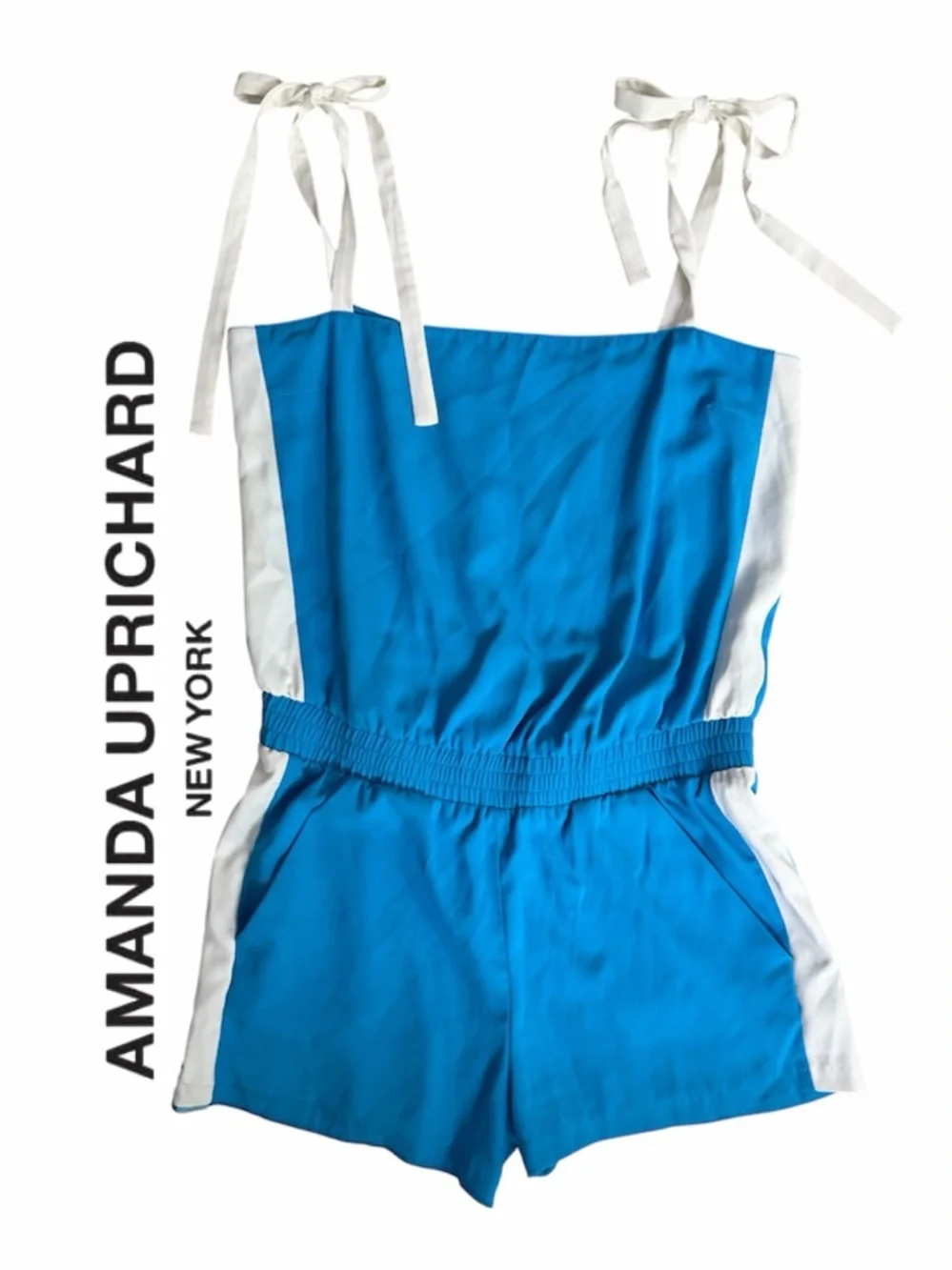 Amanda Uprichard Mika Beach Track Blue White Tie-Shoulder Romper Playsuit S